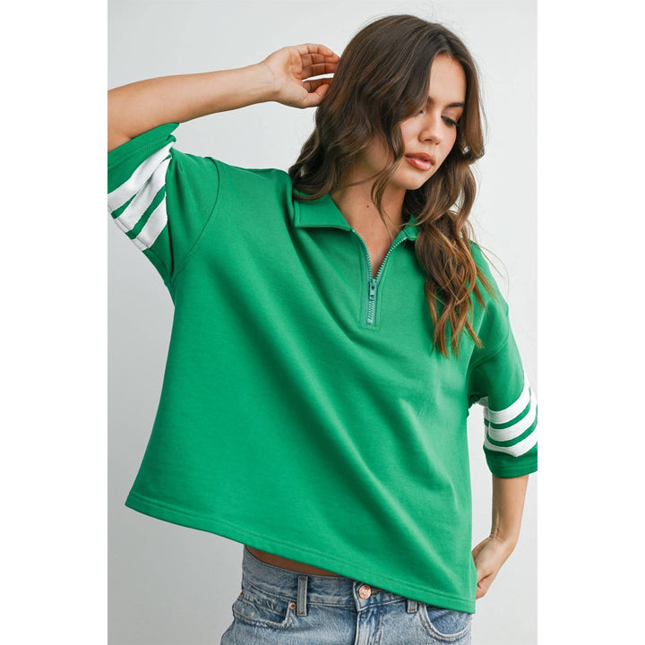 Women's Short Sleeve - Striped Sleeve Quarter-Zip Pullover - - Cultured Cloths Apparel