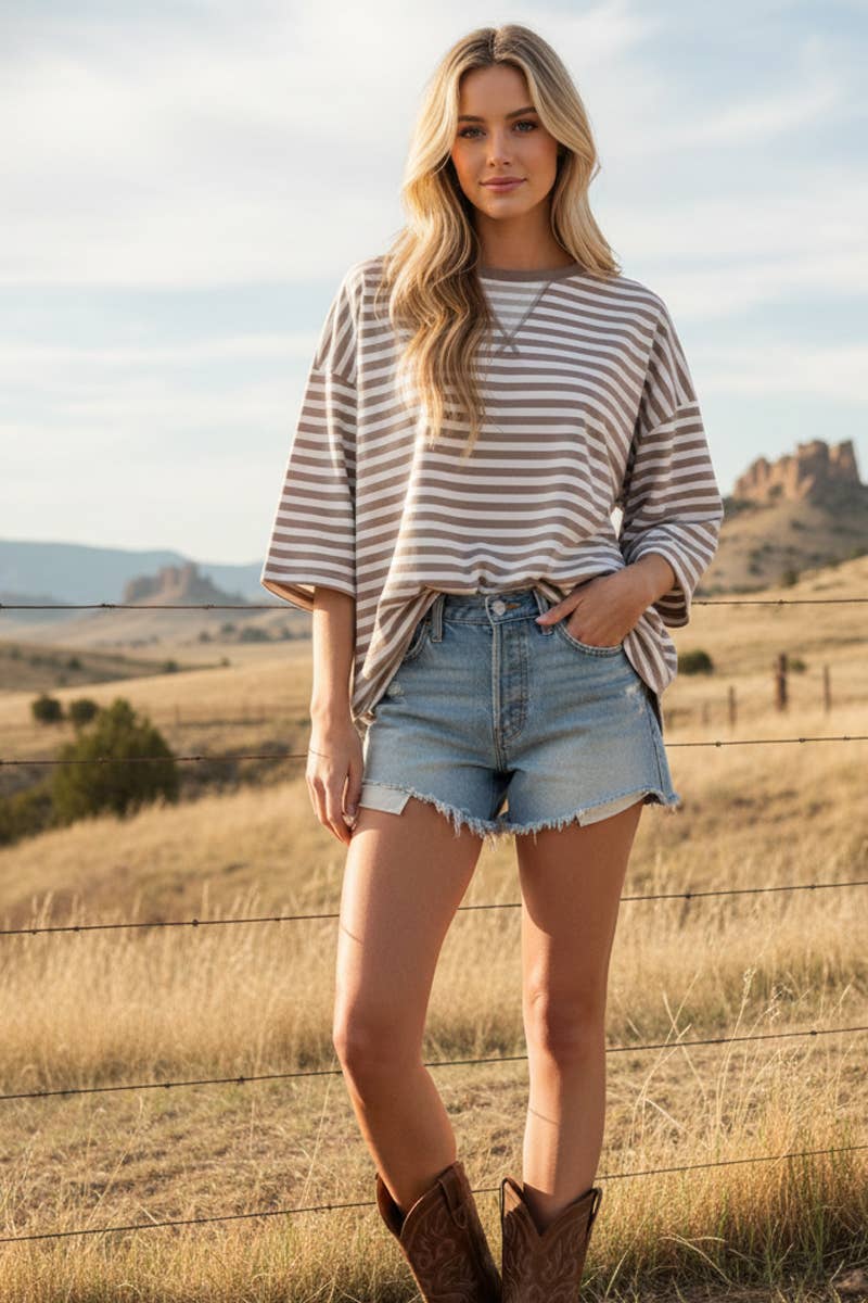 Women's Short Sleeve - STRIPED OVERSIZED SHORT SLEEVE TOP - - Cultured Cloths Apparel