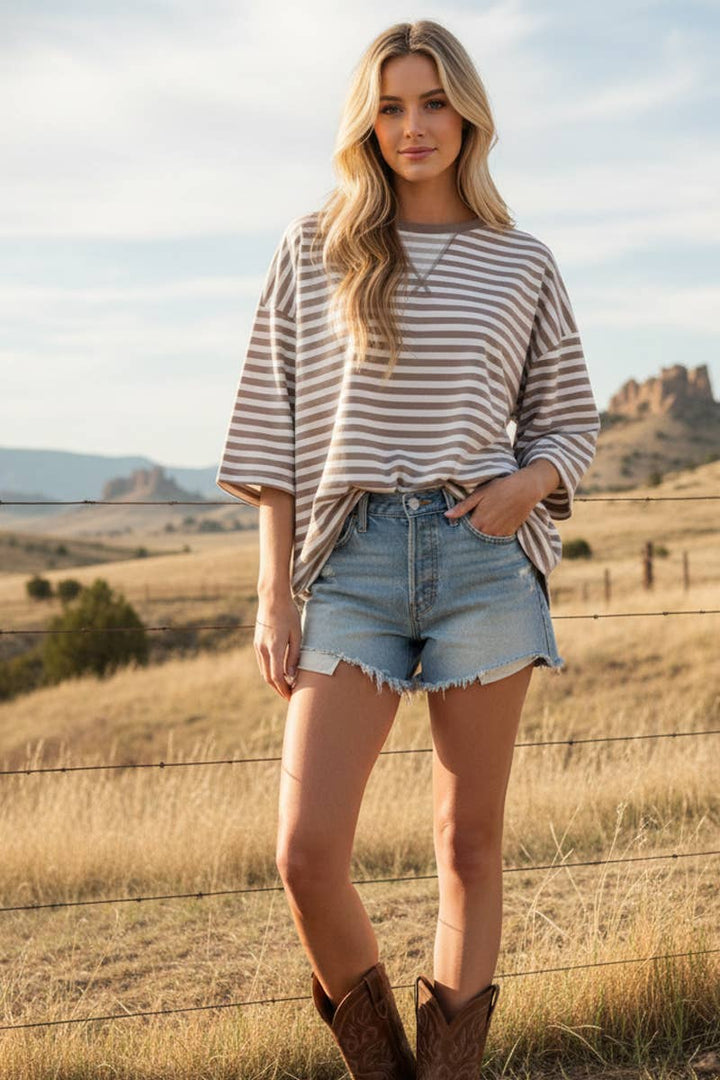 Women's Short Sleeve - STRIPED OVERSIZED SHORT SLEEVE TOP - - Cultured Cloths Apparel