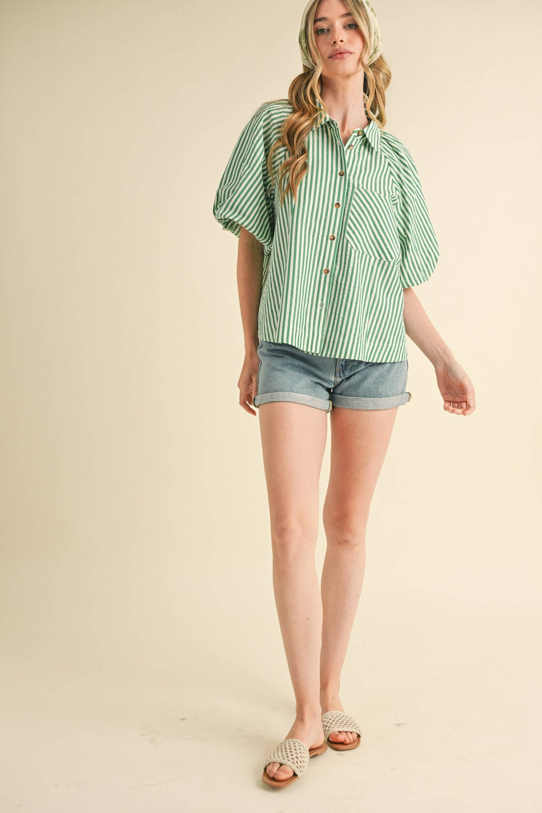 Women's Short Sleeve - STRIPED BUBBLE SLEEVE BUTTON DOWN TOP - - Cultured Cloths Apparel