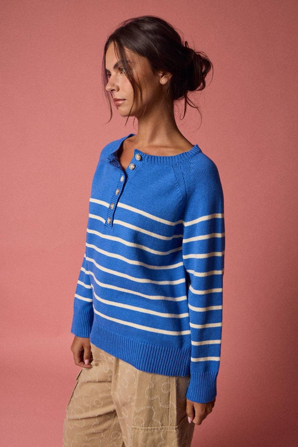 Women's Sweaters - Knit Henley Placket Striped Sweater Top - - Cultured Cloths Apparel