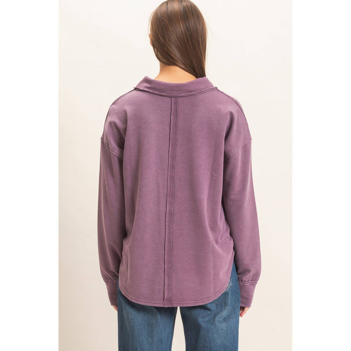 Mineral Washed Polo Collar Long Sleeve Top