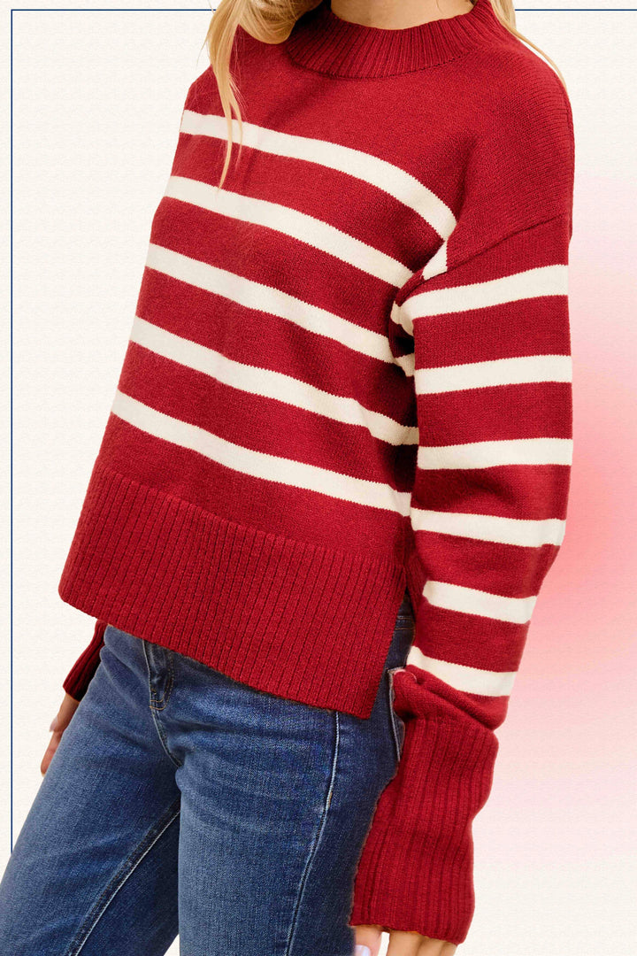 Striped Mock Neck Dolman Sleeve Loose Fit Sweater