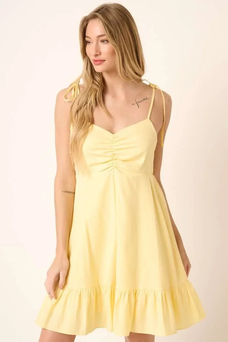 Women's Dresses - Mittoshop Ruched Detail Spaghetti Tie Mini Dress - YELLOW - Cultured Cloths Apparel
