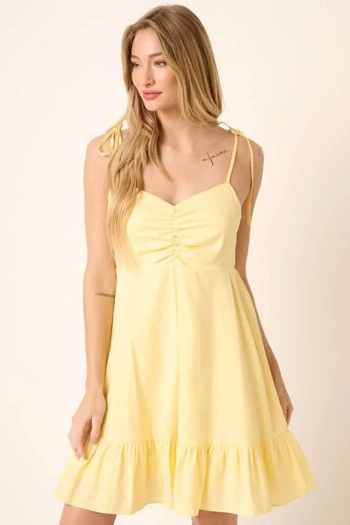 Women's Dresses - Mittoshop Ruched Detail Spaghetti Tie Mini Dress - YELLOW - Cultured Cloths Apparel