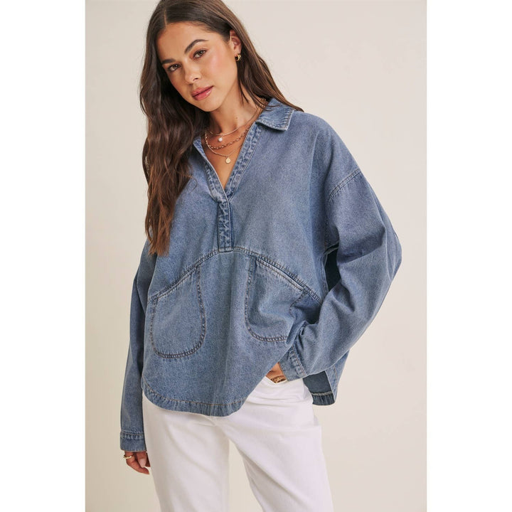 EASY LIVING MINERAL-WASHED COTTON DENIM OVERSIZED POCKET TOP