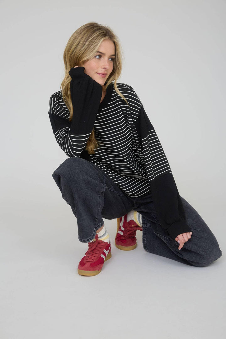 Women's Long Sleeve - CONTRAST STRIPE RAW EDGE LONG SLEEVE KNIT TOP - - Cultured Cloths Apparel