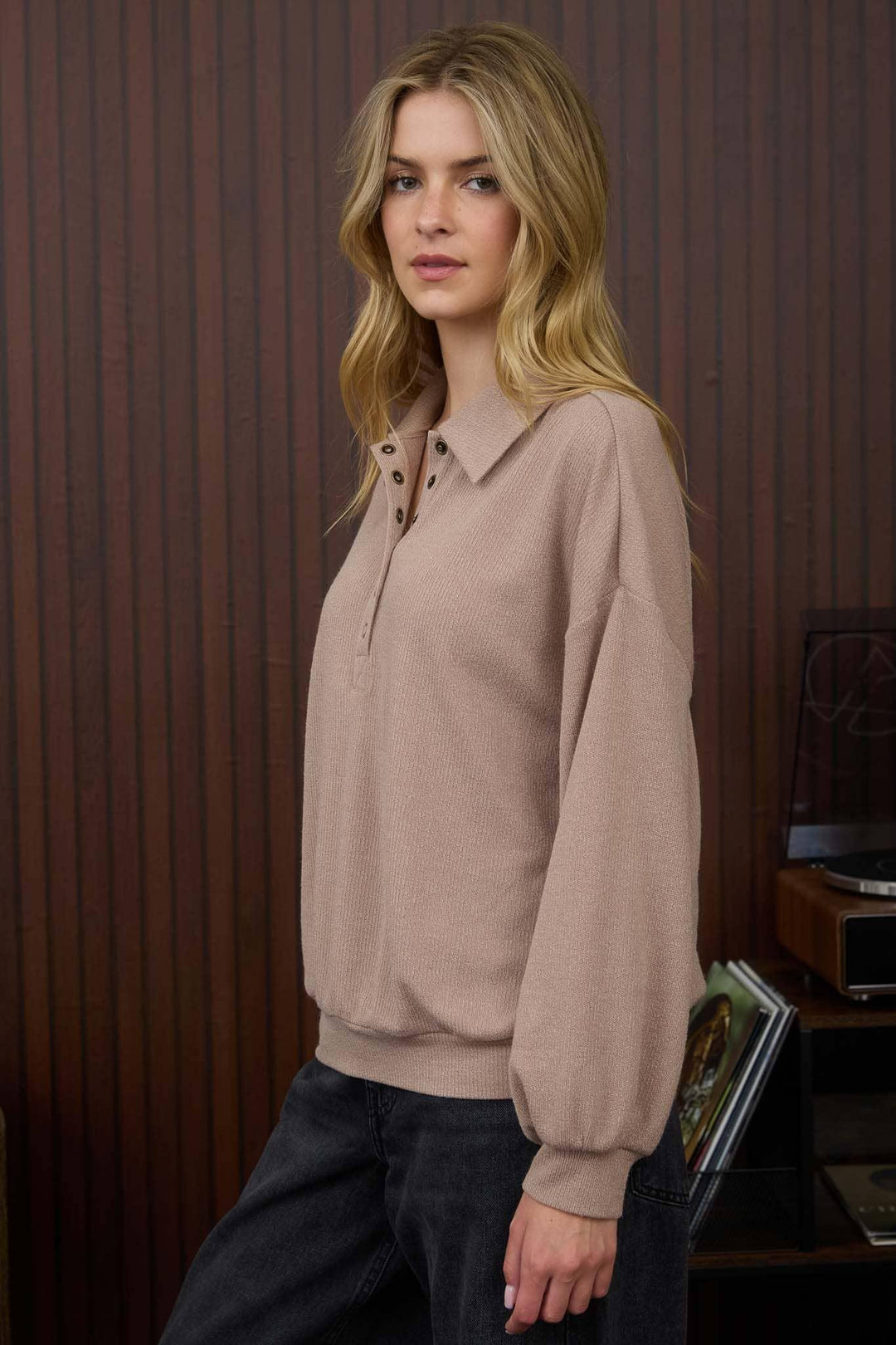 COLLARED HALF SNAP BUTTON LONG SLEEVE KNIT TOP