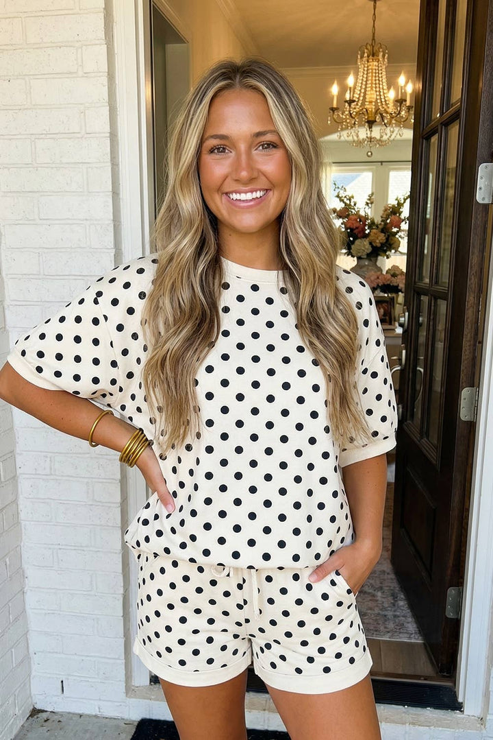 Polka Dot Print Top Drawstring Shorts Set (S-XL)