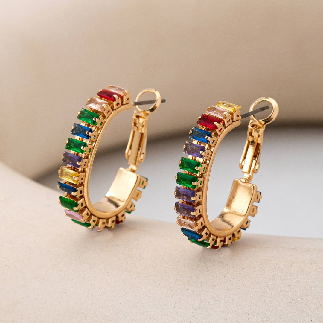 Accessories, Earrings - Multicolor Baguette Crystal Hoop Earrings | 80E62401 - - Cultured Cloths Apparel
