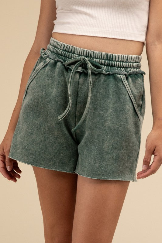  - Acid Wash Fleece Drawstring Shorts with Pockets - DK GREEN - Cultured Cloths Apparel