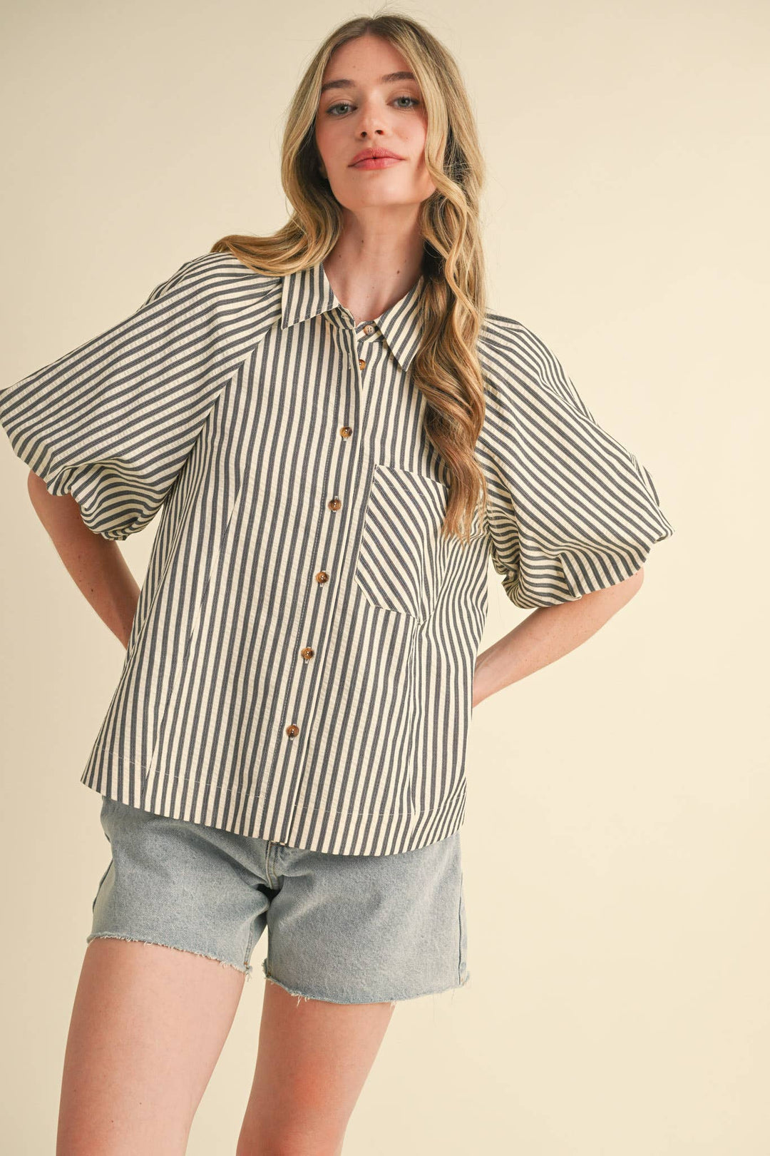 Women's Short Sleeve - STRIPED BUBBLE SLEEVE BUTTON DOWN TOP - - Cultured Cloths Apparel