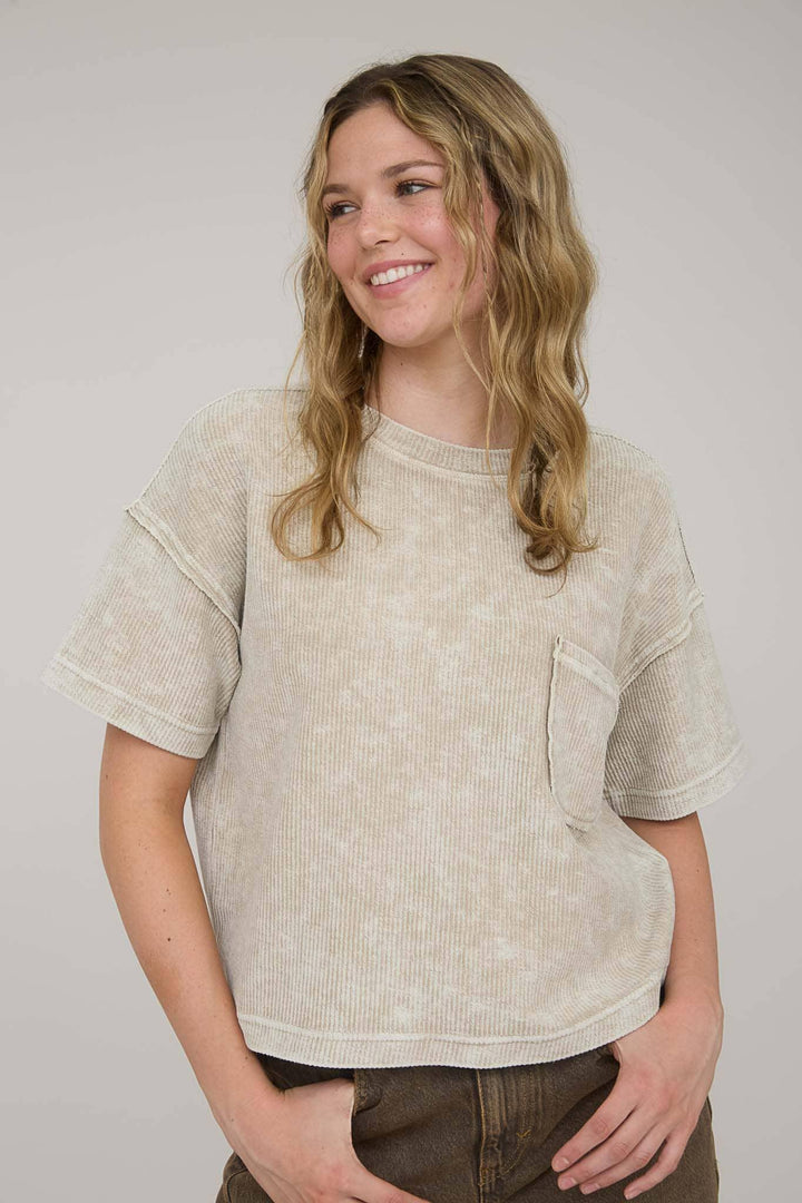 Women's Short Sleeve - WASHED RIBBED SHORT SLEEVE TEE WITH POCKET - - Cultured Cloths Apparel