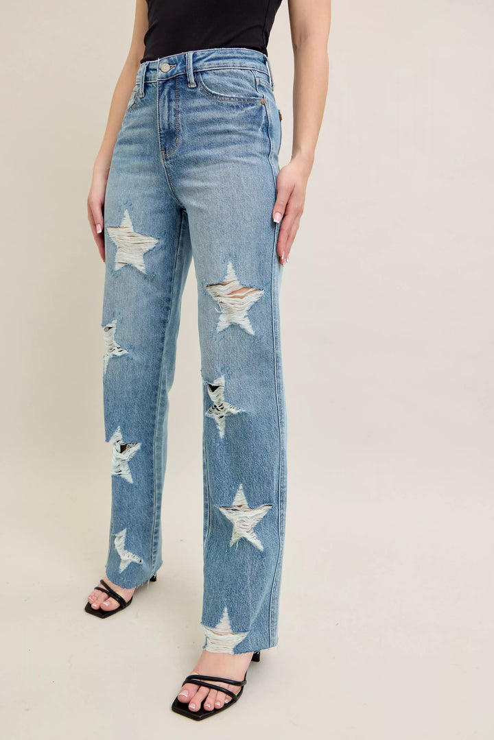 Denim - Judy Blue Full Size High Waist Rigid Magic Star Shaped Destroy 90's Straight Jeans Plus Size - - Cultured Cloths Apparel