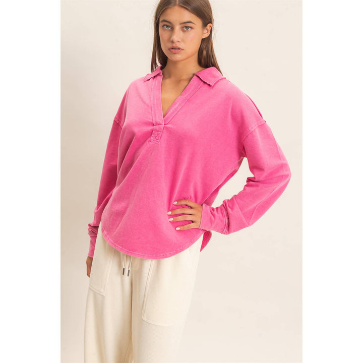 Mineral Washed Polo Collar Long Sleeve Top