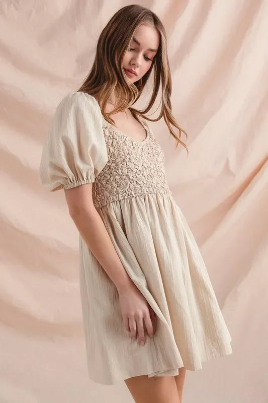 Women's Dresses - SO ME Textured Woven Daily Dress with Puff Sleeves - - Cultured Cloths Apparel