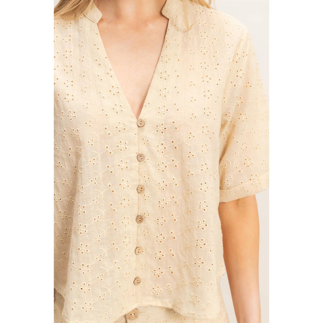 Olive Floral Eyelet Mandarin Collar Top