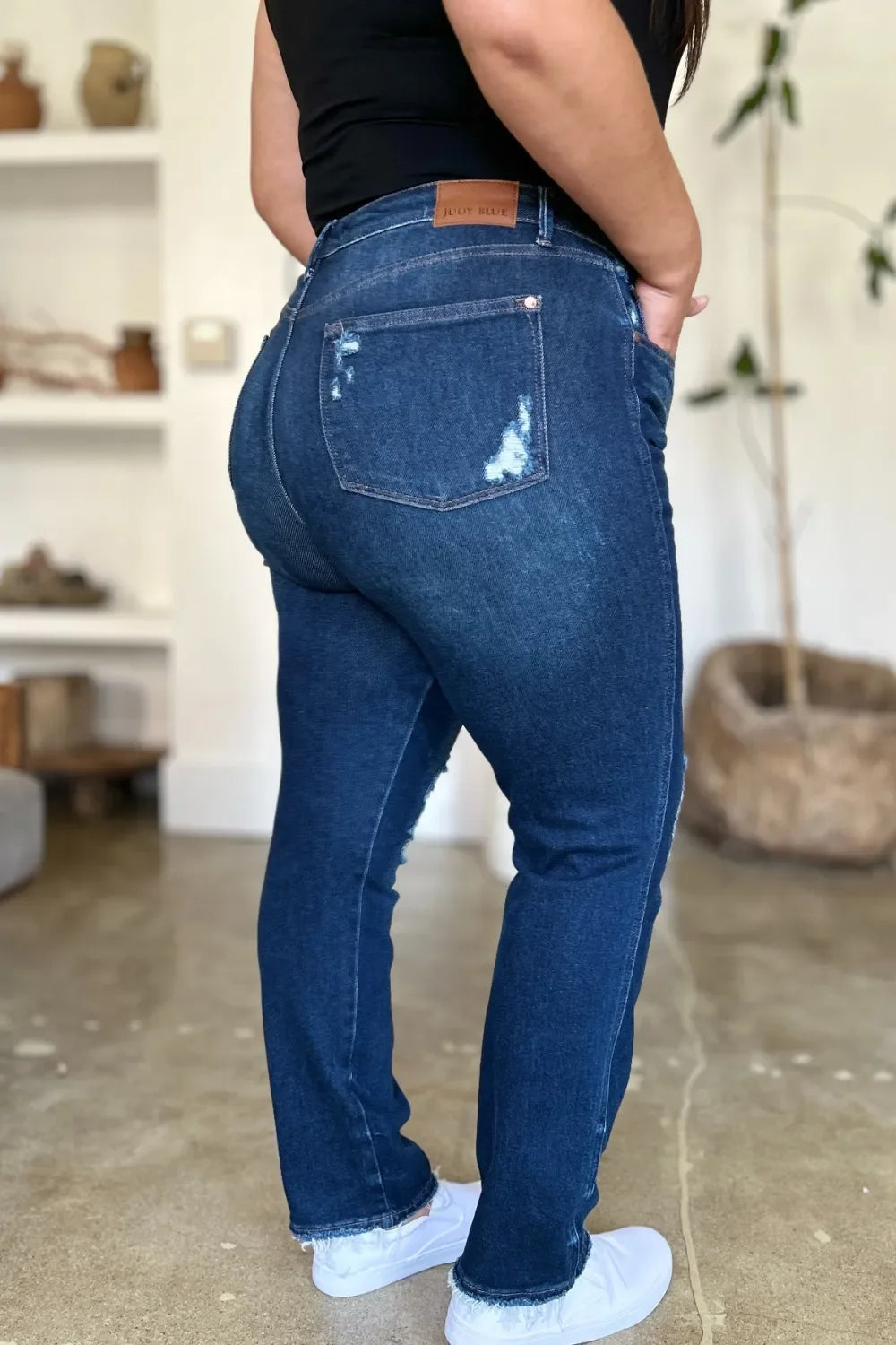 Denim - Judy Blue Full Size High Waist Rigid Magic Heavy Destroy Straight Jeans - - Cultured Cloths Apparel