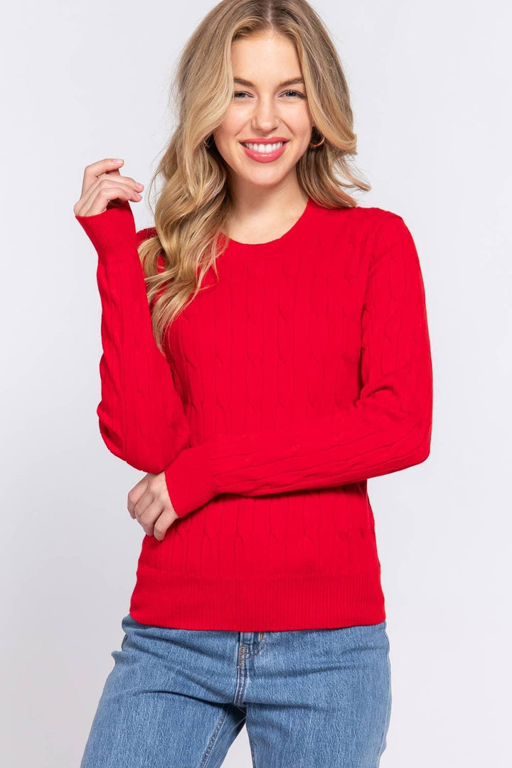 Women's Sweaters - Long Sleeve Round Neck Cable Sweater - - Cultured Cloths Apparel