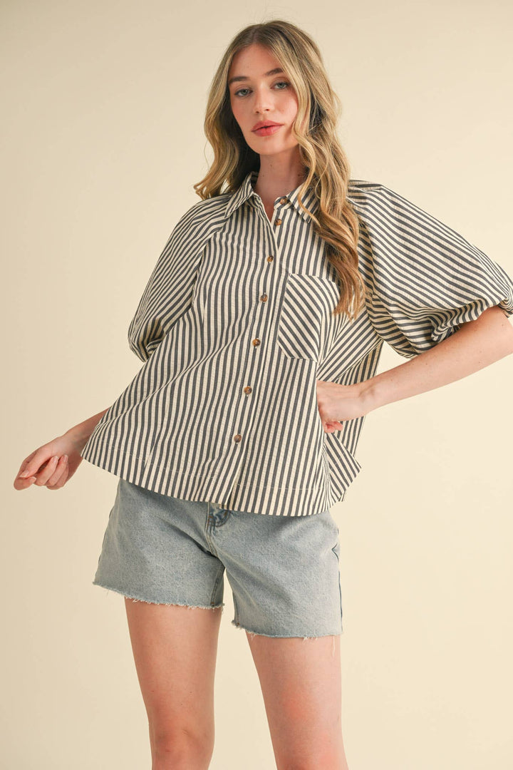 Women's Short Sleeve - STRIPED BUBBLE SLEEVE BUTTON DOWN TOP - - Cultured Cloths Apparel