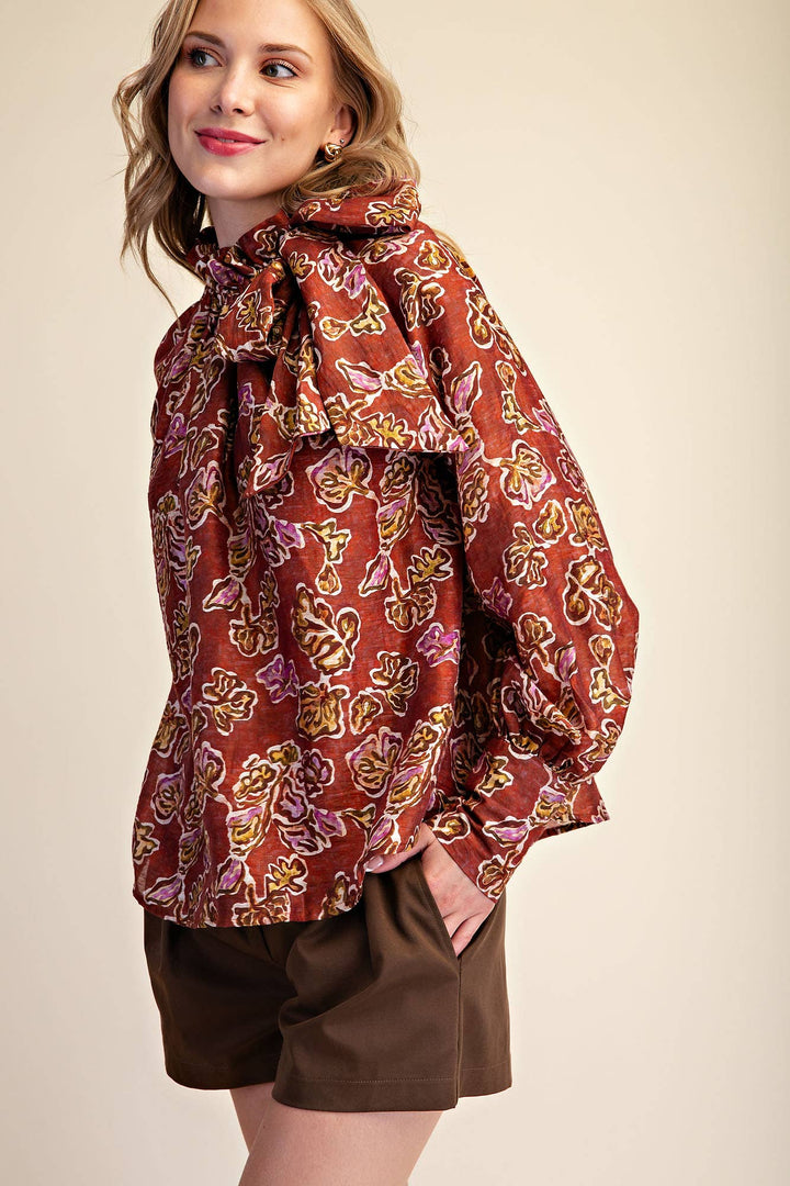 Ruffle Tie Neck Long Sleeve Print Blouse