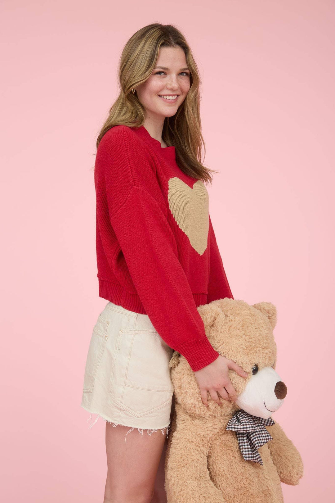 HEART JACQUARD CREW NECK KNIT PULLOVER SWEATER