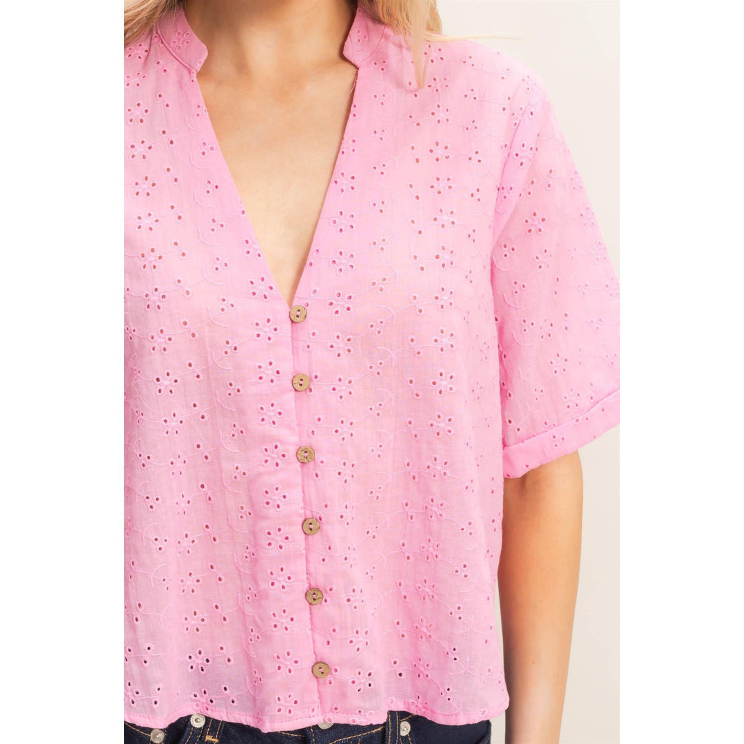 Olive Floral Eyelet Mandarin Collar Top