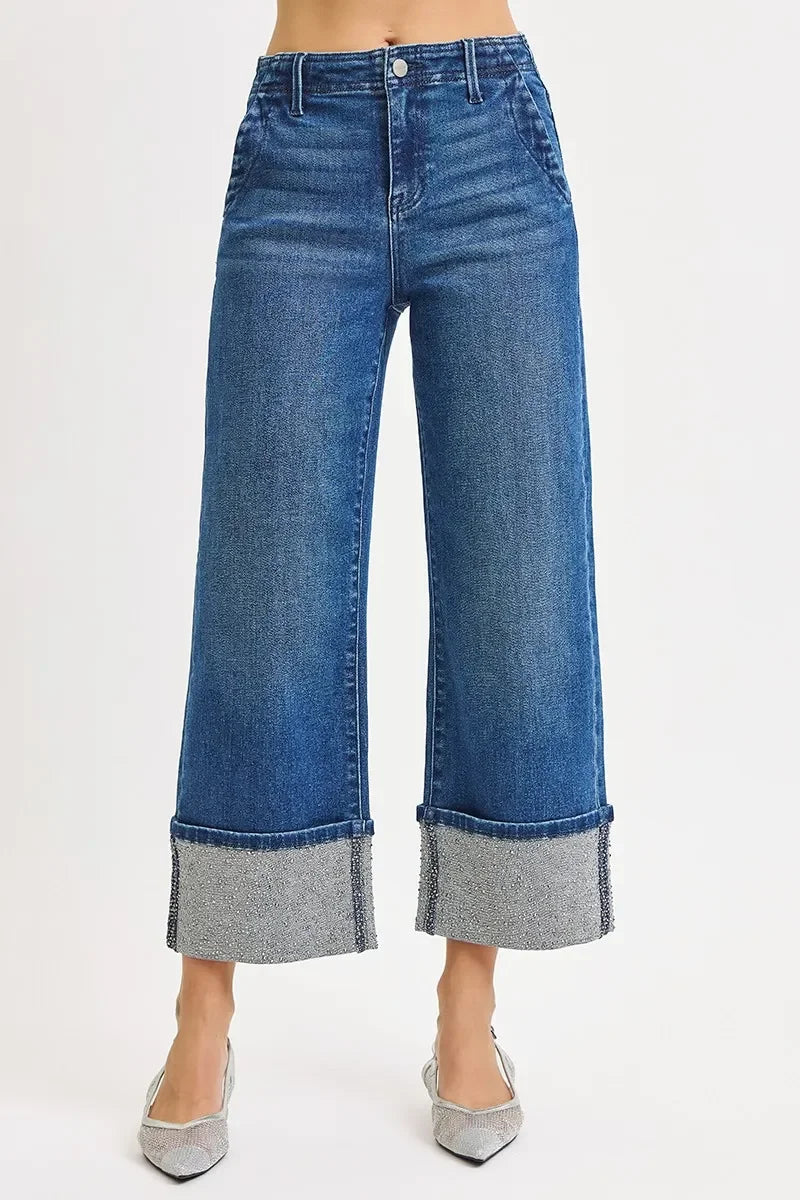 Denim - RISEN High Rise Ankle Wide Rhine Stone Cuffed Jeans - - Cultured Cloths Apparel