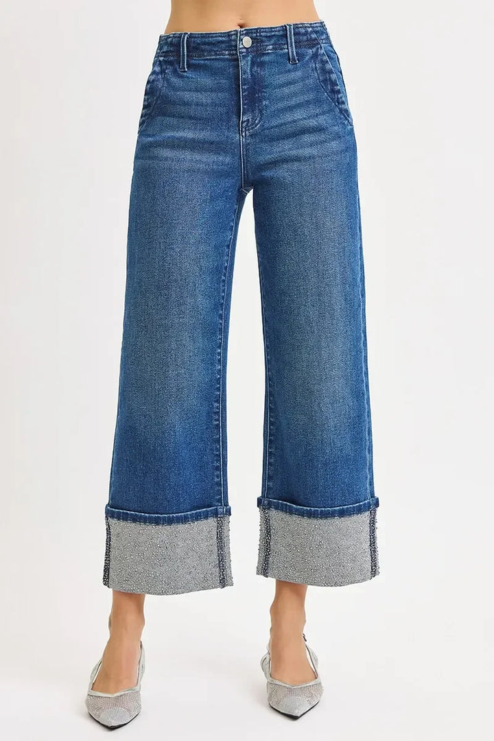 Denim - RISEN High Rise Ankle Wide Rhine Stone Cuffed Jeans - - Cultured Cloths Apparel