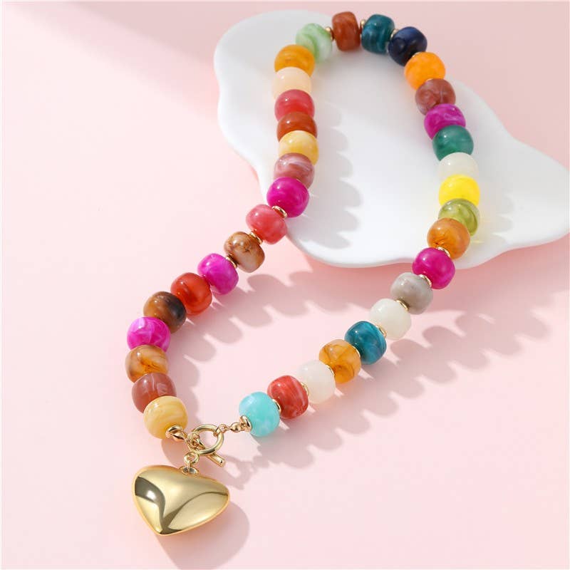 Accessories, Necklaces - MULTI BEADED HEART CHARM TOGGLE NECKLACE | 40NK9700 - - Cultured Cloths Apparel