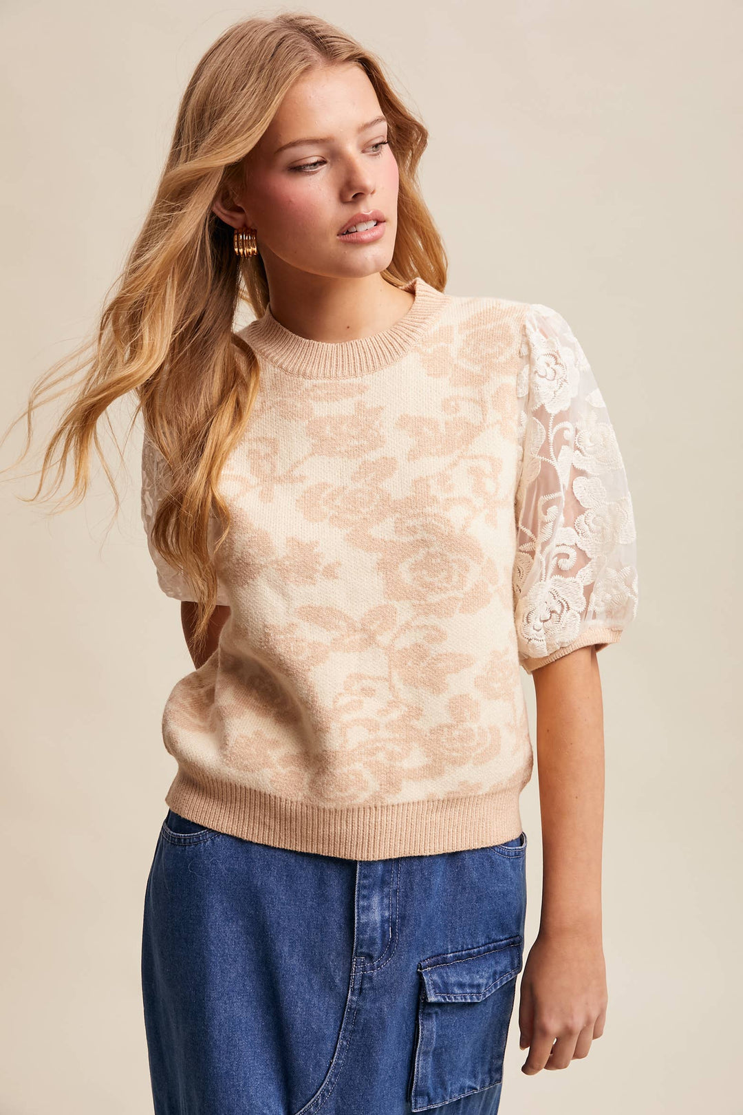 Women's Short Sleeve - Rose Embroidered Contrast Knit Top - - Cultured Cloths Apparel