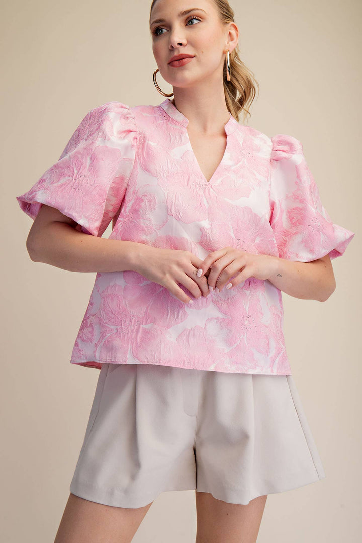 Women's Short Sleeve - V-Neck Puff Sleeve Jacquard Top - - Cultured Cloths Apparel
