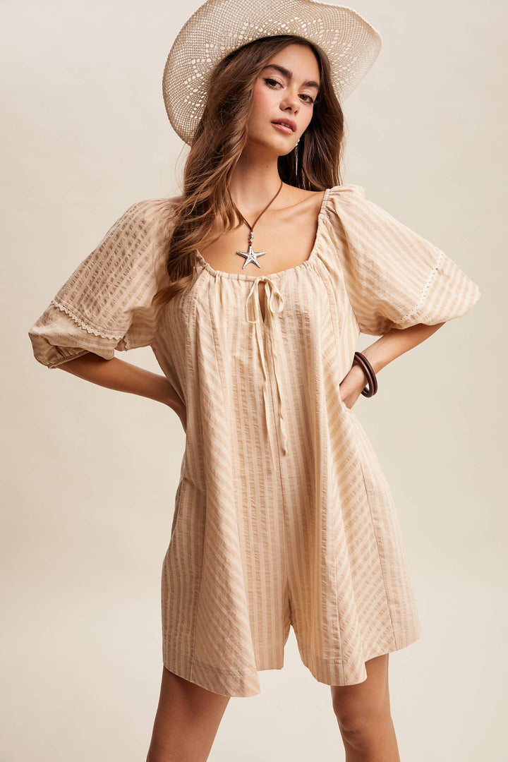Romper - Striped Puff Sleeve Romper - - Cultured Cloths Apparel