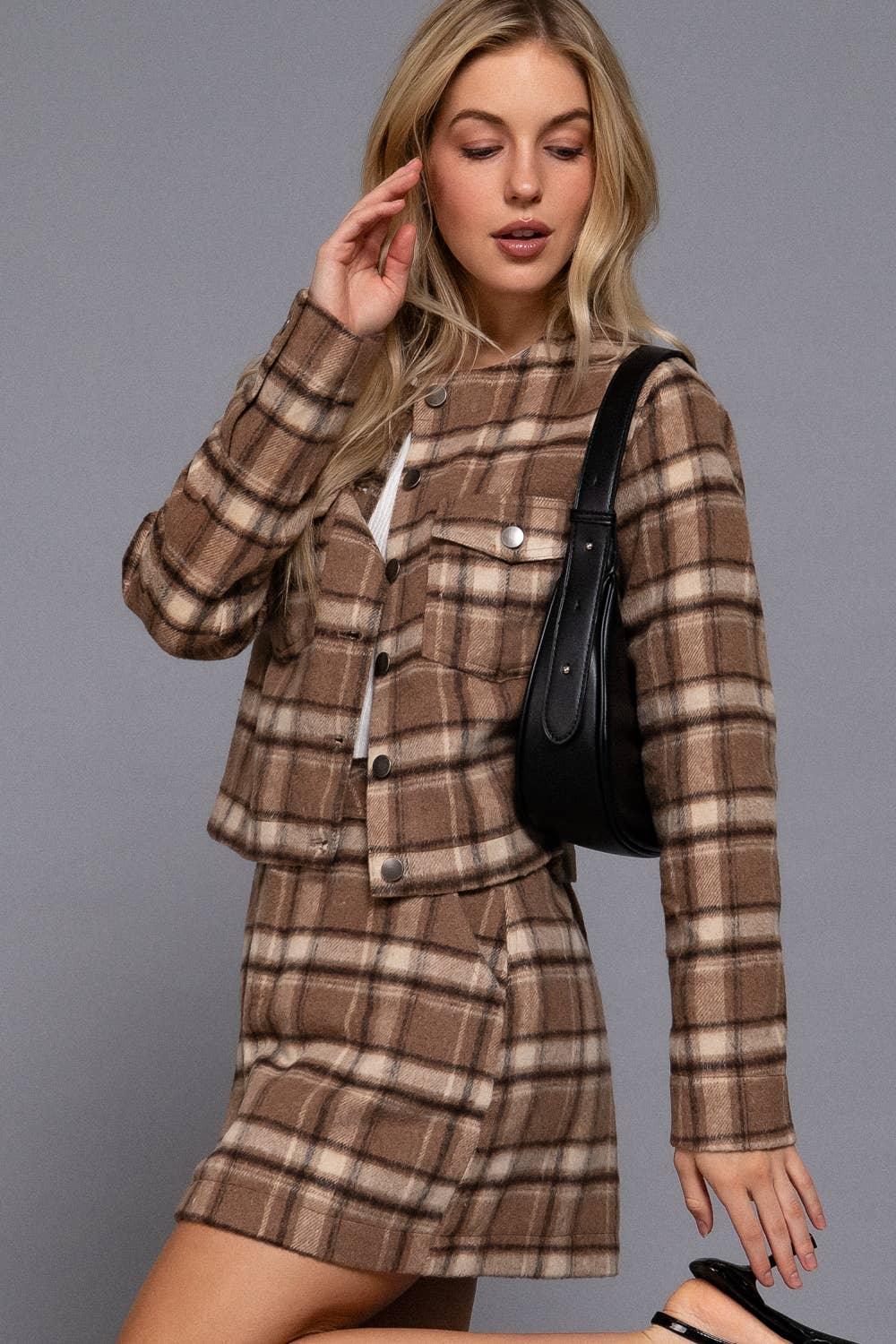 Outerwear - Long Sleeve Round Neck Brushed Plaid Jacket - LARGE - Cultured Cloths Apparel