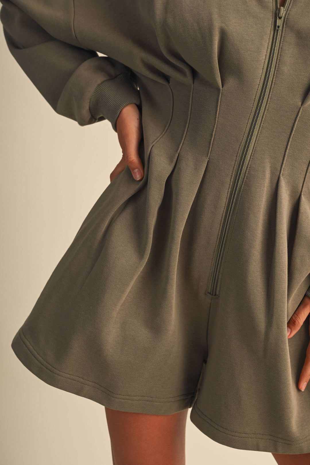 PLEATED WAIST LONG SLEEVE SHIRT COLLAR ROMPER