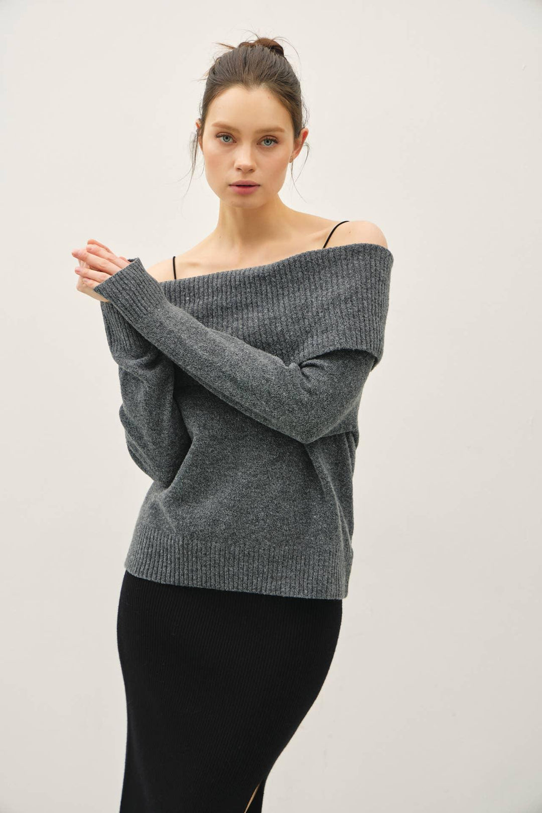 ROLL OVER OFF THE SHOULDER WOOL BLEND SWEATER