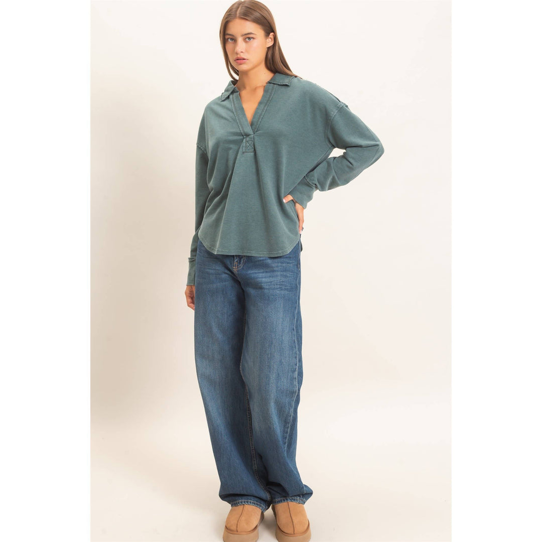 Mineral Washed Polo Collar Long Sleeve Top