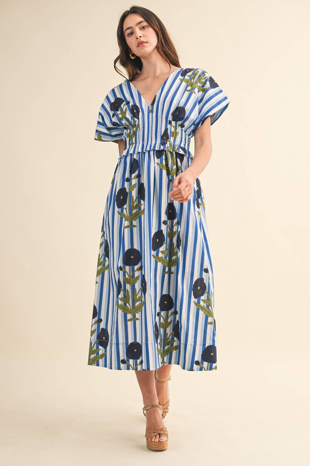 Dresses - STRIPED FLORAL PIN TUCK WAIST MIDI DRESS - - Cultured Cloths Apparel