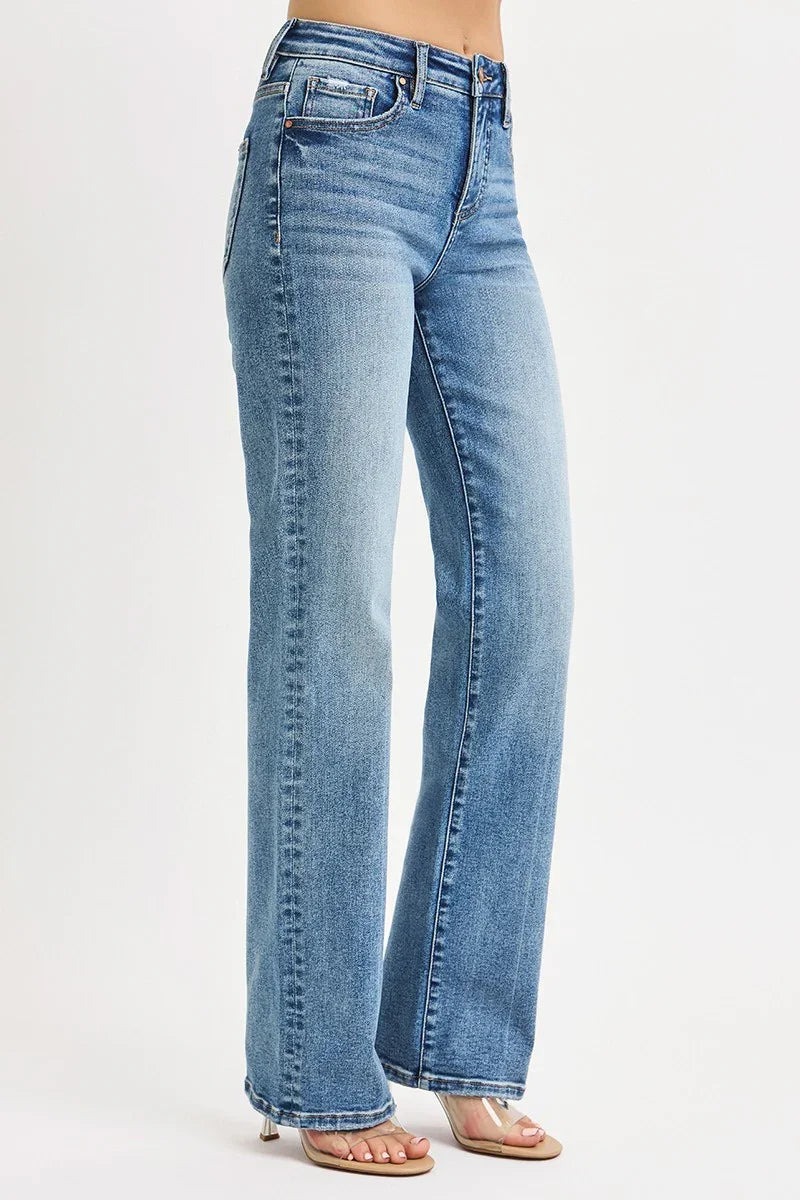 Denim - Risen High Rise Straight Jeans Medium Blue - - Cultured Cloths Apparel