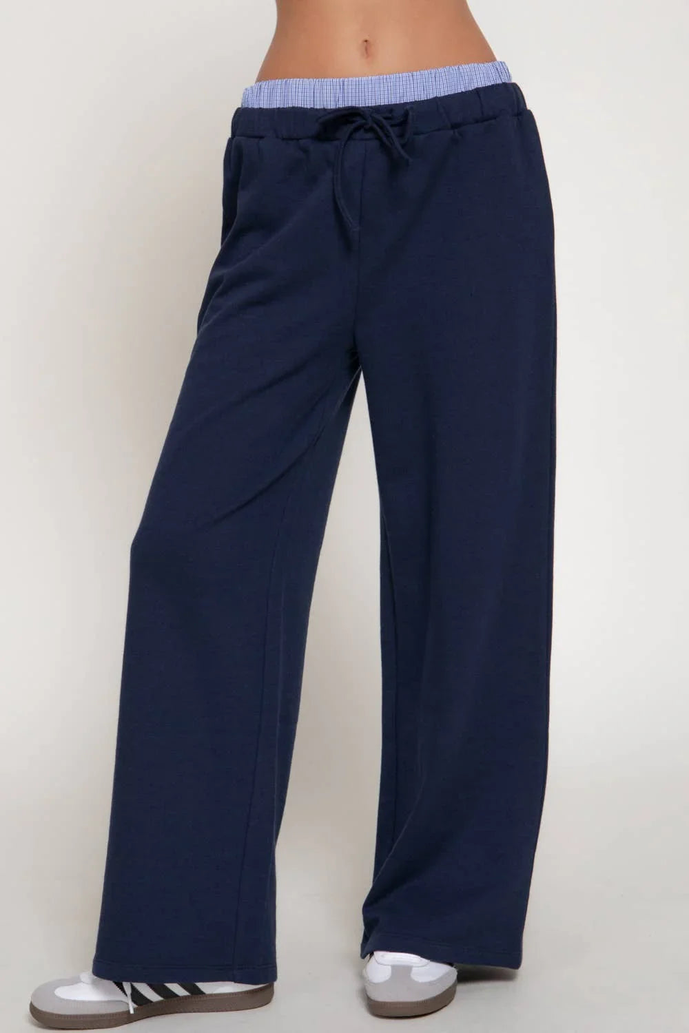 Elastic Waist Long Pants with Contrasting Check Panel