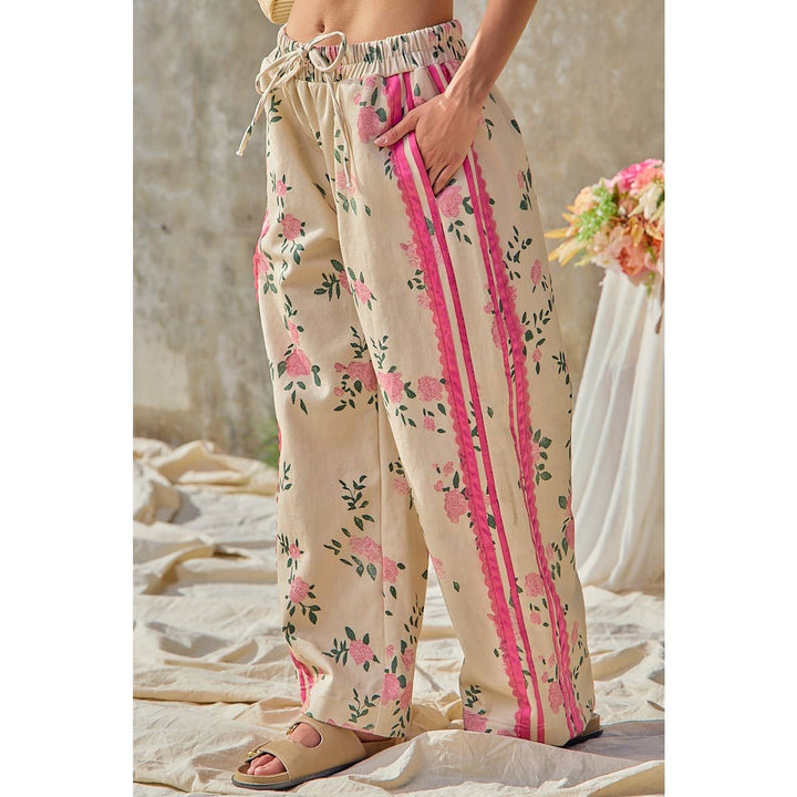 FLOWER PRINTED TWILL SIDE TRIM ELASTIC WAIST PANTS