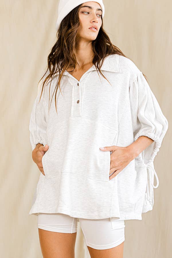 Women's Short Sleeve - Gray Oversized Drawstring Tie Sleeves Detail Solid Top - ASH GREY - Cultured Cloths Apparel