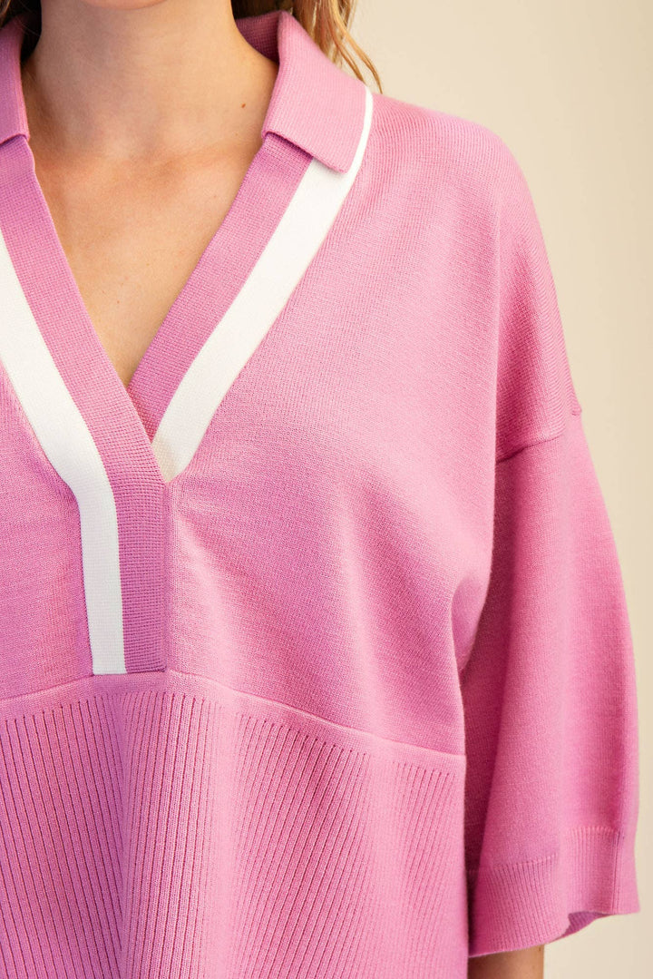 Nude Collar With Contrast Trim Loose Fit Dropped Shoulder Sweater