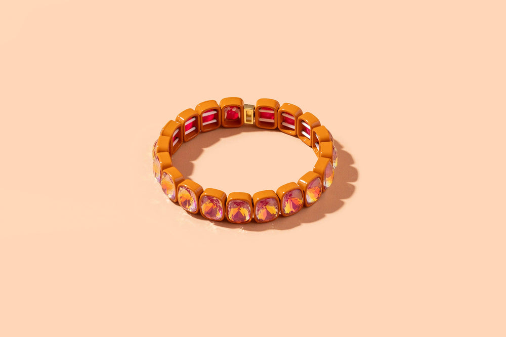 Accessories, Bracelets - Enamel Stretch Bracelet - Earth Tone Colors - Burnt Orange w/ Large Rectangle Stones - Layla - Cultured Cloths Apparel