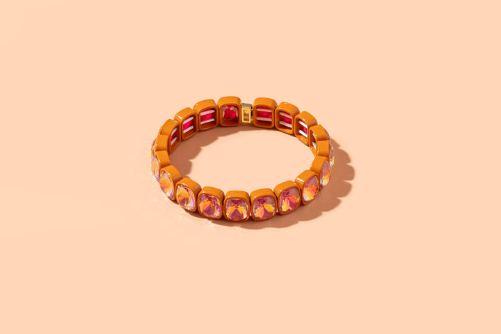 Accessories, Bracelets - Enamel Stretch Bracelet - Earth Tone Colors - Burnt Orange w/ Large Rectangle Stones - Layla - Cultured Cloths Apparel