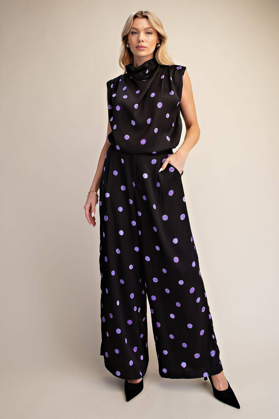 Cowl Mock Neck Pleats Shoulder Sleeveless Top Polka Dot