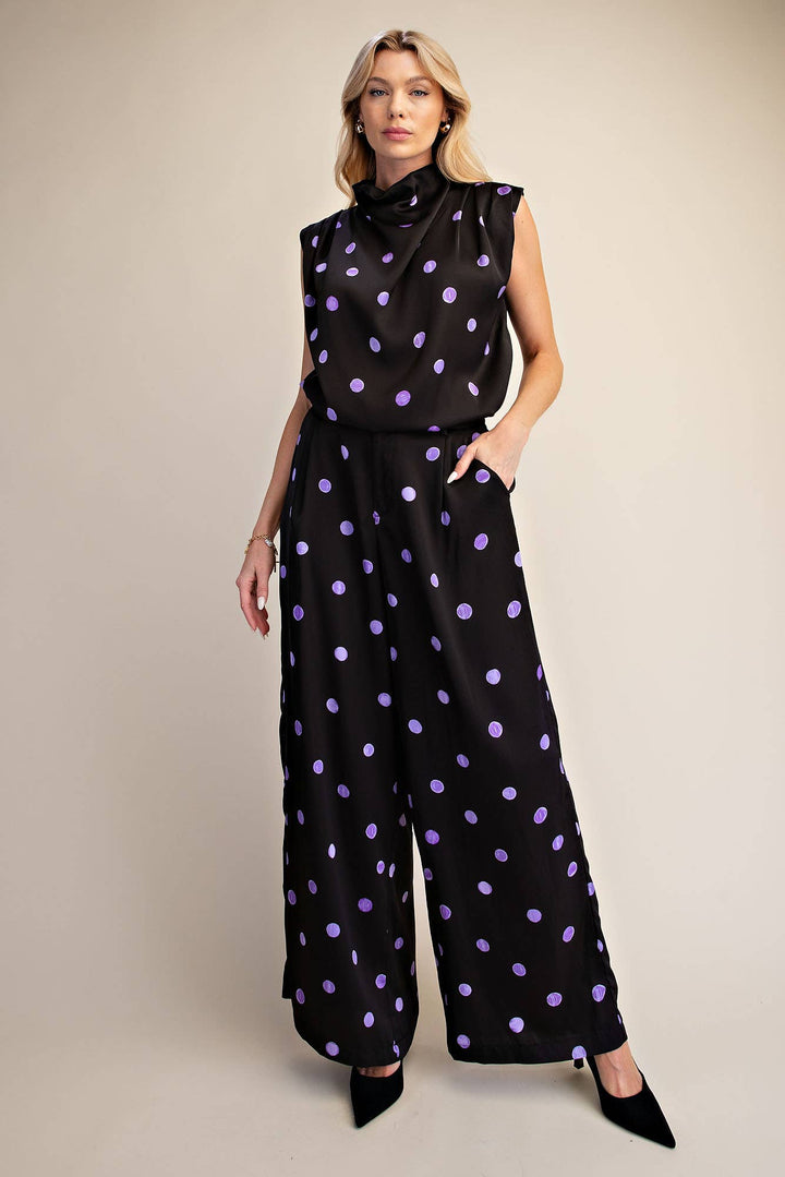 Cowl Mock Neck Pleats Shoulder Sleeveless Top Polka Dot