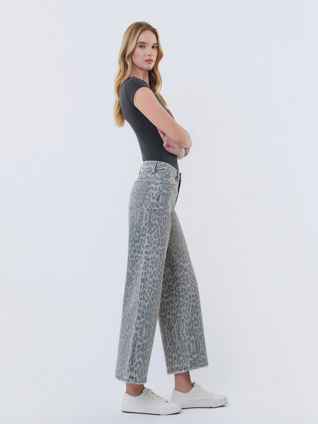 Denim - HIGH RISE GREY LEOPARD PRINT CROP WIDE LEG JEANS T7331GLP - - Cultured Cloths Apparel