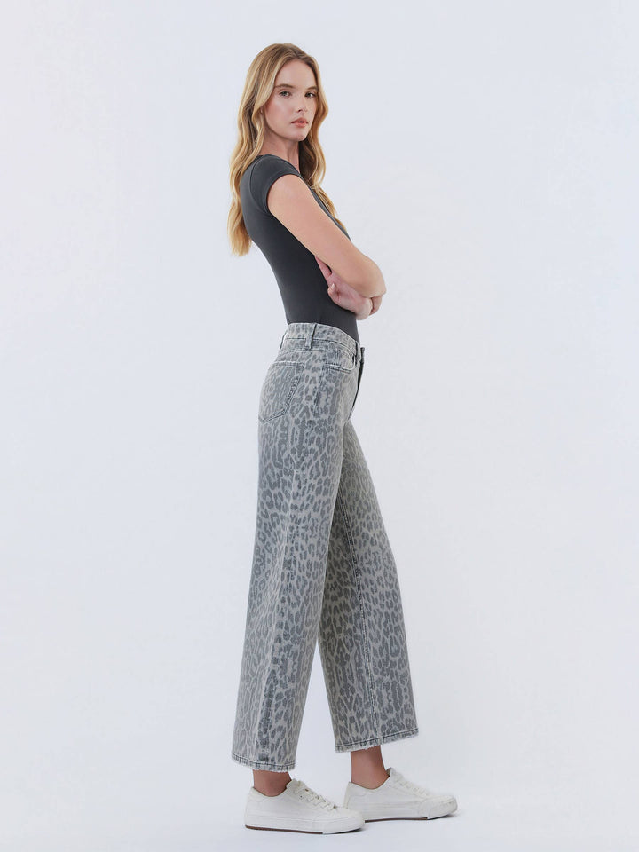 Denim - HIGH RISE GREY LEOPARD PRINT CROP WIDE LEG JEANS T7331GLP - - Cultured Cloths Apparel