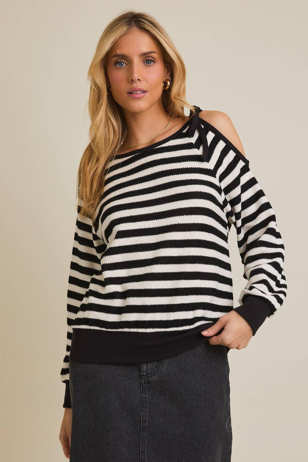 Women's Long Sleeve - ROUND NECK SHOULDER CUT-OUT TIE LONG SLEEVE STRIPE TOP - - Cultured Cloths Apparel